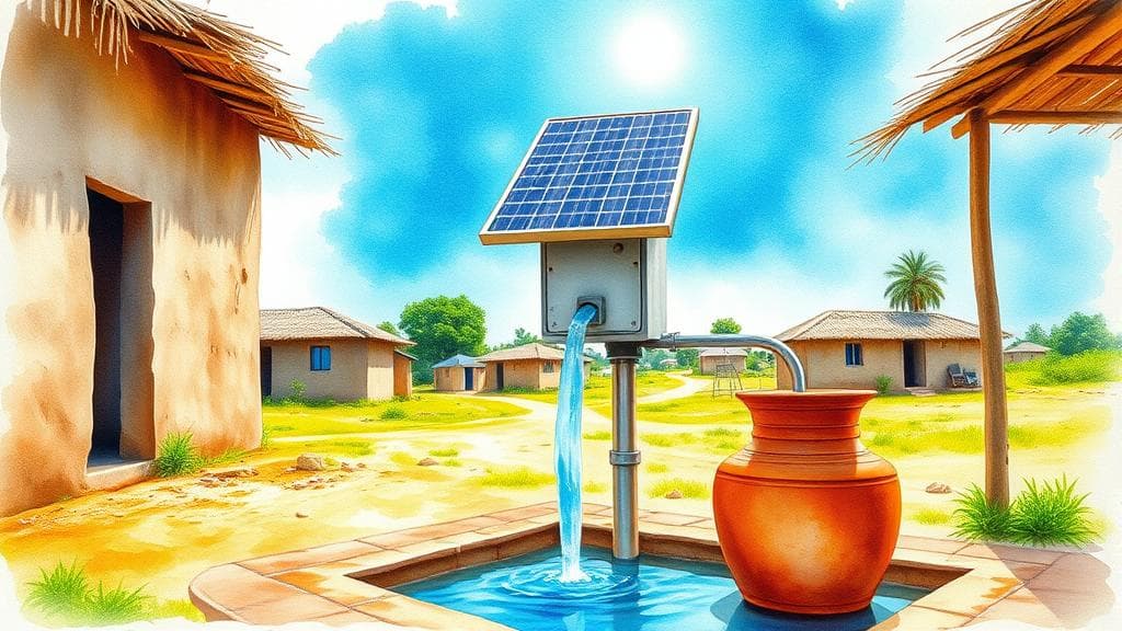 A vibrant watercolour painting depicting a solar-powered water filtration device operating in a sunny rural Nigerian village, with clear water flowing into a clay pot under a bright blue sky. No text, no logos.