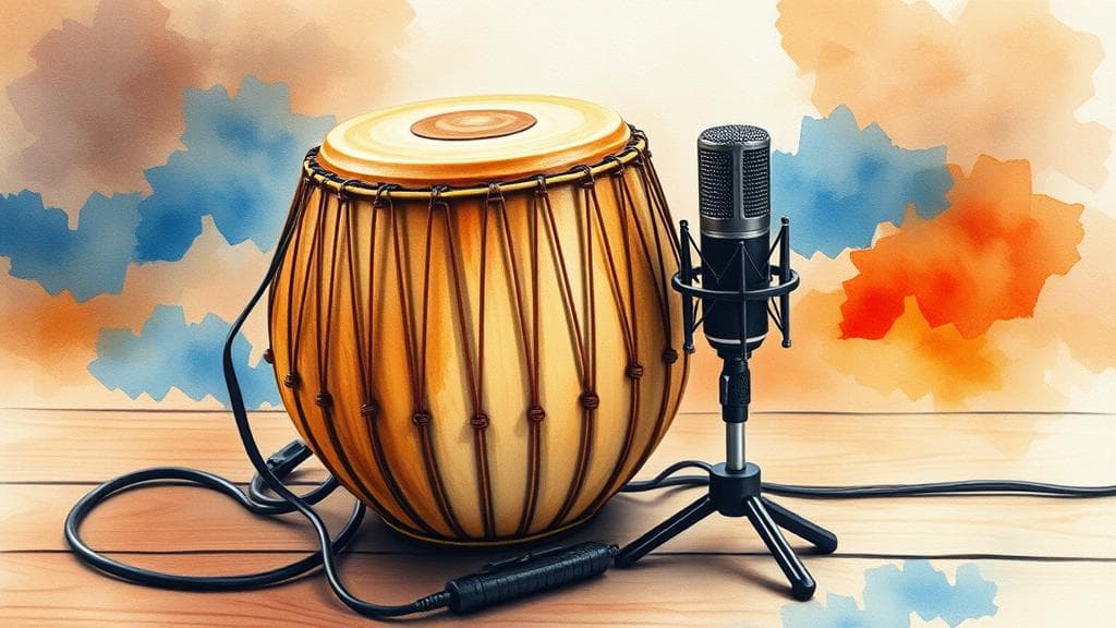 A beautiful watercolour painting of a traditional West African talking drum resting next to a modern studio microphone on a rustic wooden table, with soft, colorful acoustic soundwaves painted in warm orange and blue hues flowing outward. No text, no logos.