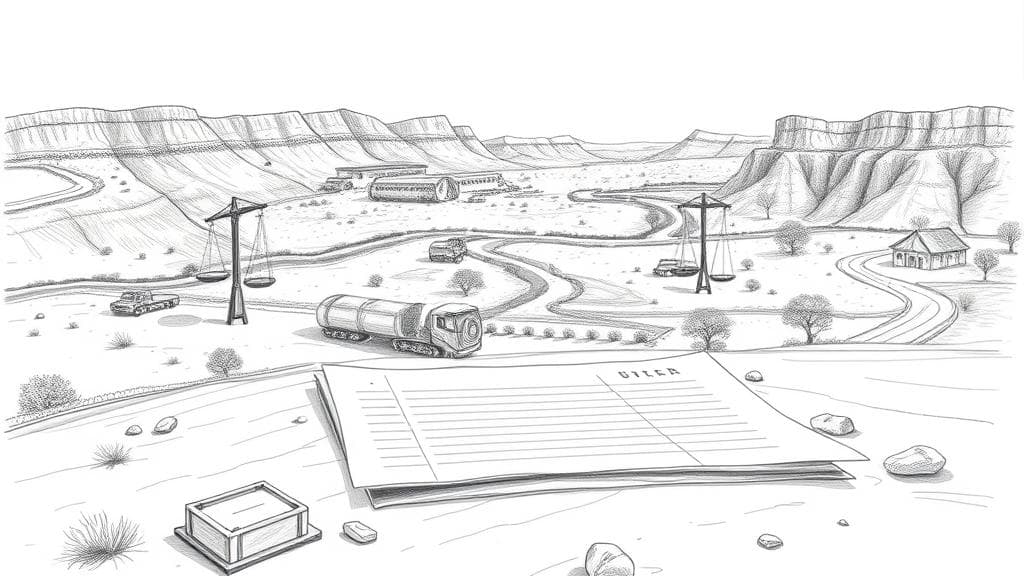 A detailed, analytical pencil sketch of a dry, expansive mining landscape in the Northern Cape of South Africa, with a large classical scale of justice balanced over a symbolic ledger document. No text, no logos.