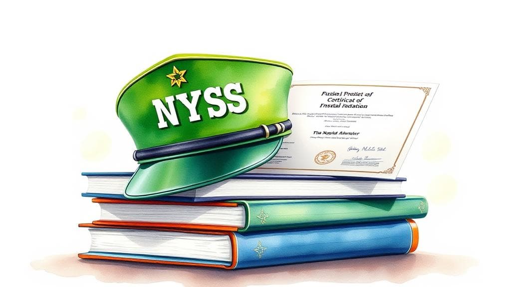 A watercolour painting of a vibrant green and white NYSC uniform cap resting on a stack of modern technical textbooks and a printed professional certificate, set against a soft, sunlit background. No text, no logos.