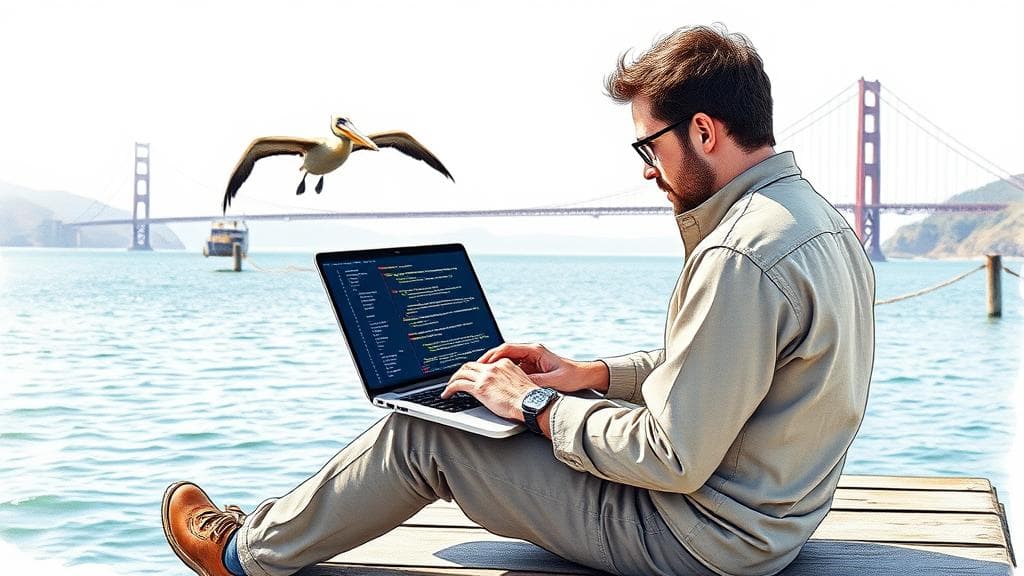 Watercolour painting with ink outlines: A stylised depiction of developer Simon Willison sitting on a wooden pier at Fort Mason in San Francisco, working on a rugged laptop displaying clean Python code with subtle electric blue highlights. In the background, a California Brown Pelican is mid-dive into the glistening waters of the bay, with the Golden Gate Bridge faintly visible through a soft afternoon fog. Calm and analytical mood, bright natural daylight, cinematic composition.