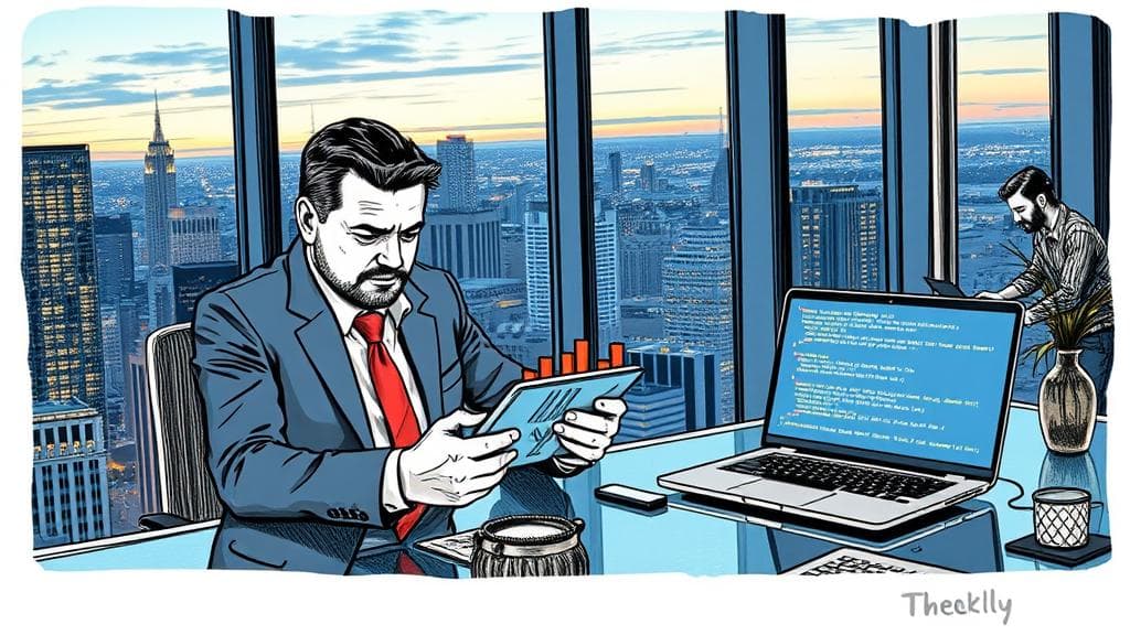 Editorial ink sketch: A stressed corporate executive at a glass desk in a San Francisco high-rise looking at a glowing red bar graph on a tablet, a stylized figure of a developer in the background working on a laptop displaying clean code blocks, dramatic office lighting at dusk, golden and electric blue highlights tracing the digital screens, no text, no logos, cinematic composition.