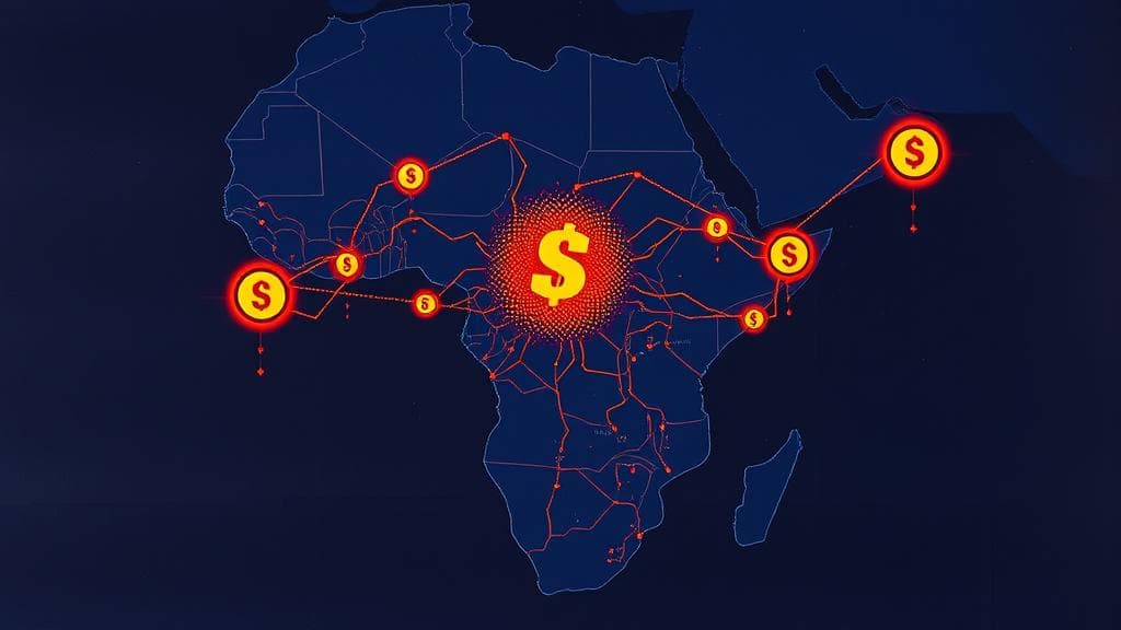 Bold risograph print: A stylized, high-contrast map of the African continent rendered in deep indigo and electric orange. Overlaid on the map are glowing, interconnected neural pathways that transform into physical currency symbols (Naira, Cedi, Shilling) as they flow into a central, abstract glowing data core. Analytical, high-stakes mood, dramatic lighting. No text, no logos, cinematic composition.