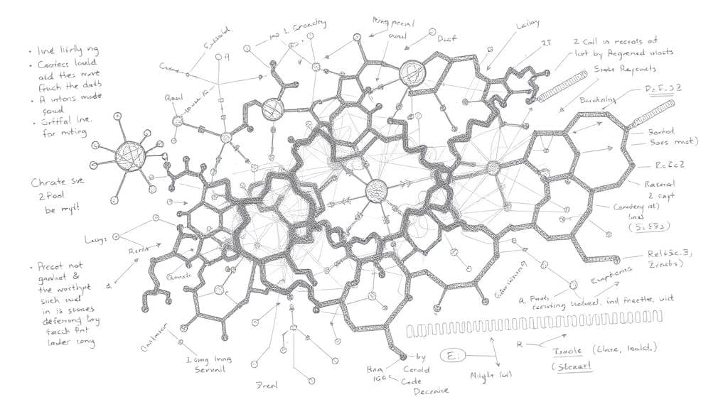 A detailed pencil sketch of a complex scientific diagram showing overlapping protein structures, molecular chains, and genomic sequences, with faint handwritten equations and annotations in the margins. No text, no logos.
