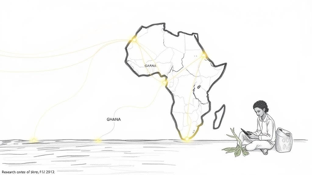 A pencil sketch depicting a network of glowing fiber optic cables emerging from the ocean and connecting to a stylized map of the African continent, with smaller glowing nodes indicating AI research centers and cloud regions in specific countries like Ghana and South Africa. Overlaying this, subtle lines connect to illustrations of a farmer using a phone to diagnose a plant disease, and a student studying. No text, no logos.