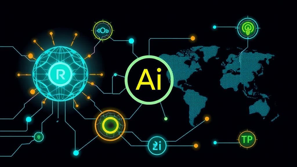 A sleek, clean tech illustration featuring abstract representations of AI neural networks, green energy symbols (like a stylized lithium ion), and global connectivity. Incorporate electric blue and gold accents against a dark, sophisticated background. The overall aesthetic should subtly evoke the MIT Technology Review brand identity without explicitly showing a logo or text.