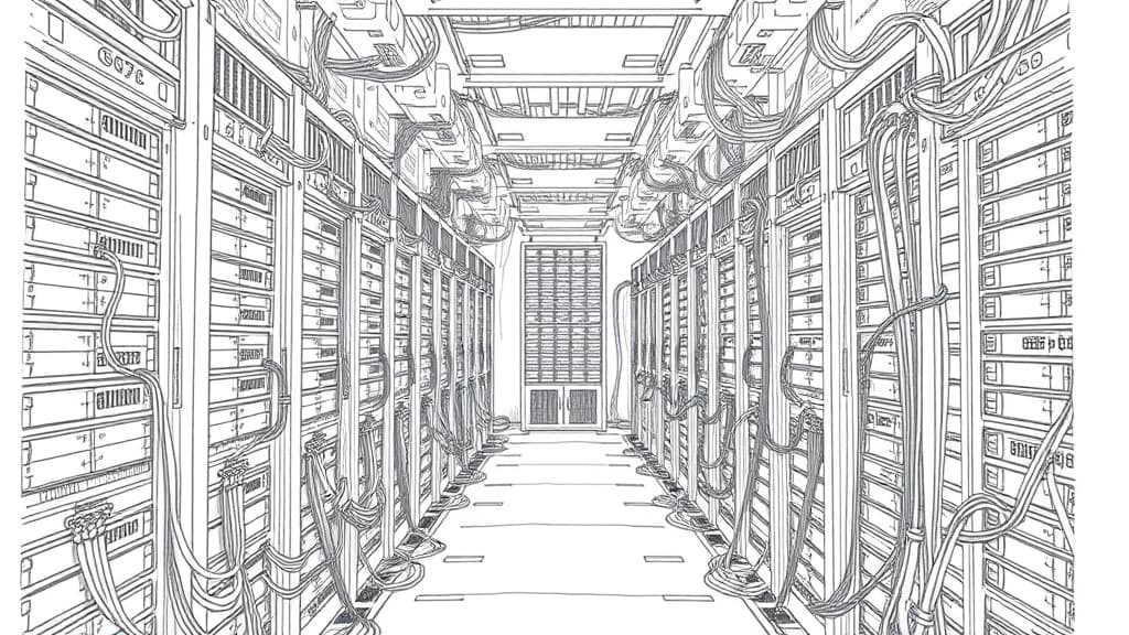 A serious pencil sketch of a vast server room filled with towering mainframe racks, with cabling neatly organized in complex, dense patterns. No text, no logos.