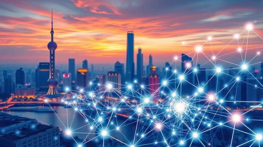 A watercolour illustration of the Qwen3.8-Max model's neural network, with nodes and connections resembling a complex, glowing web, set against a backdrop of Shanghai's skyline at sunset, no text, no logos.