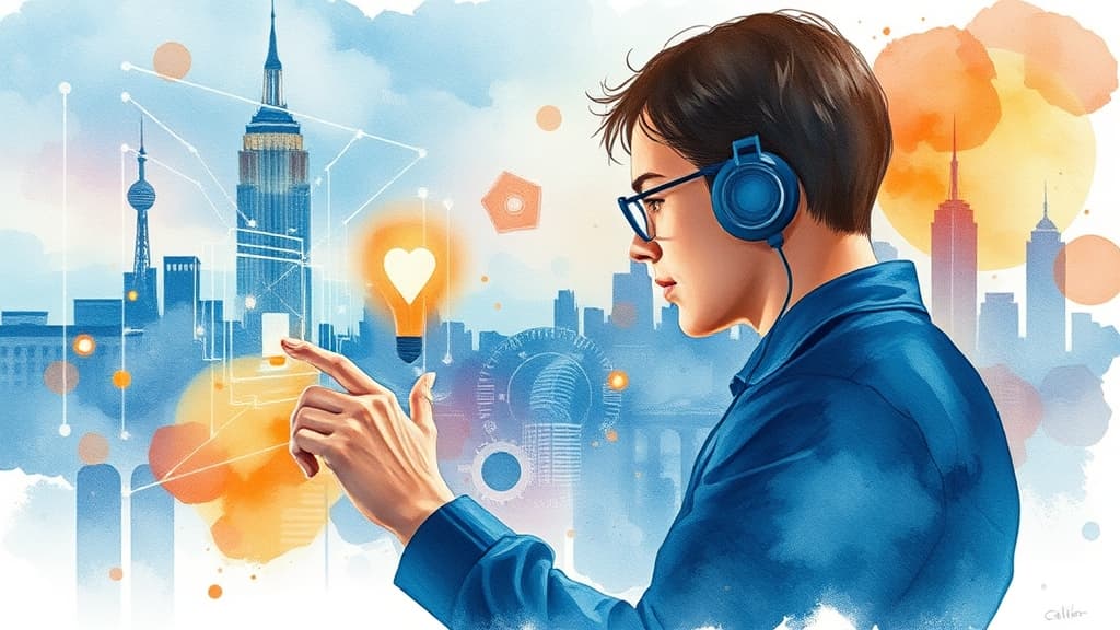 A watercolour painting of a person interacting with a futuristic AI interface, with a cityscape in the background, no text, no logos.
