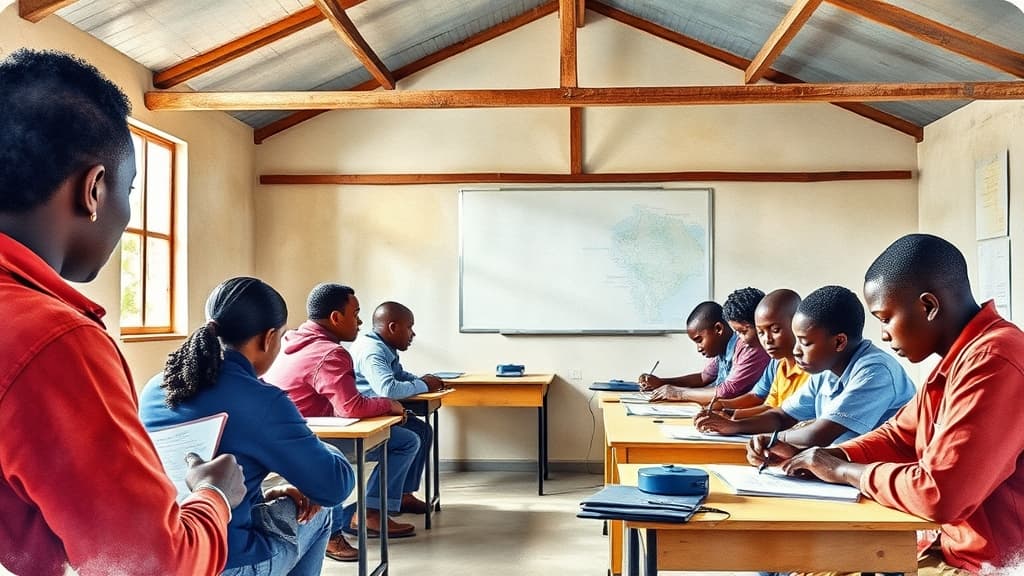 A watercolour painting of a South African classroom with students engaged in a technical skills training session, no text, no logos.