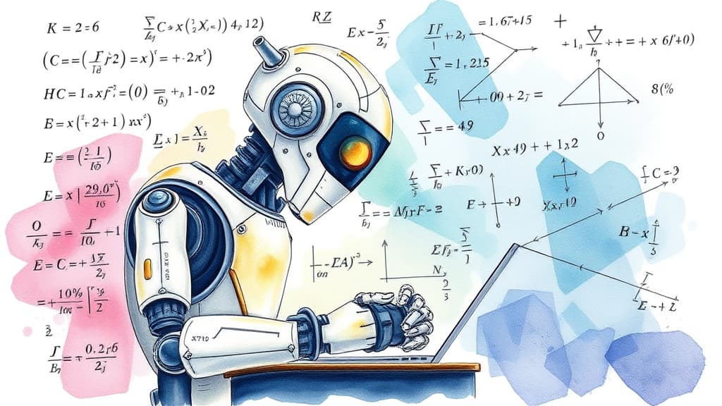 Watercolour illustration of a robot working on a complex math problem, with equations and formulas surrounding it, no text, no logos