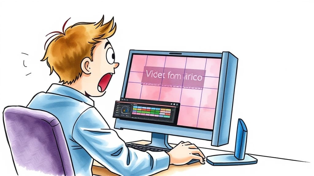 Watercolour illustration of a person editing a video on a desktop computer with a shocked expression, no text, no logos