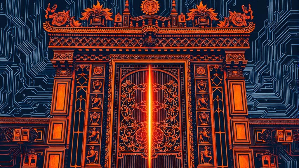 Bold risograph print: A traditional, intricately carved West African wooden palace gate split down the middle, with one half seamlessly transforming into a complex, glowing digital circuit board. Bright copper-orange and deep indigo-blue are the dominant high-contrast colors. The mood is highly secure, analytical, and authoritative, with sharp glowing lines of energy illustrating secure data pathways. No text, no logos, cinematic composition.