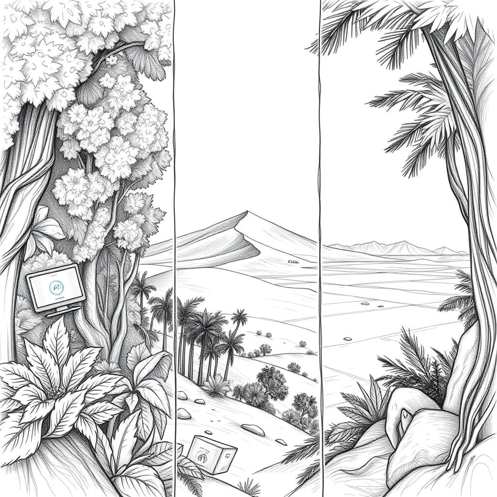 A detailed pencil sketch of a rugged wilderness scene split into three panels—dense jungle foliage, a scorching desert dune, and an icy Arctic expanse—each panel includes subtle icons representing AI assistance and a sleek wrist‑worn Fitbit, with no people at laptops, no text, no logos.