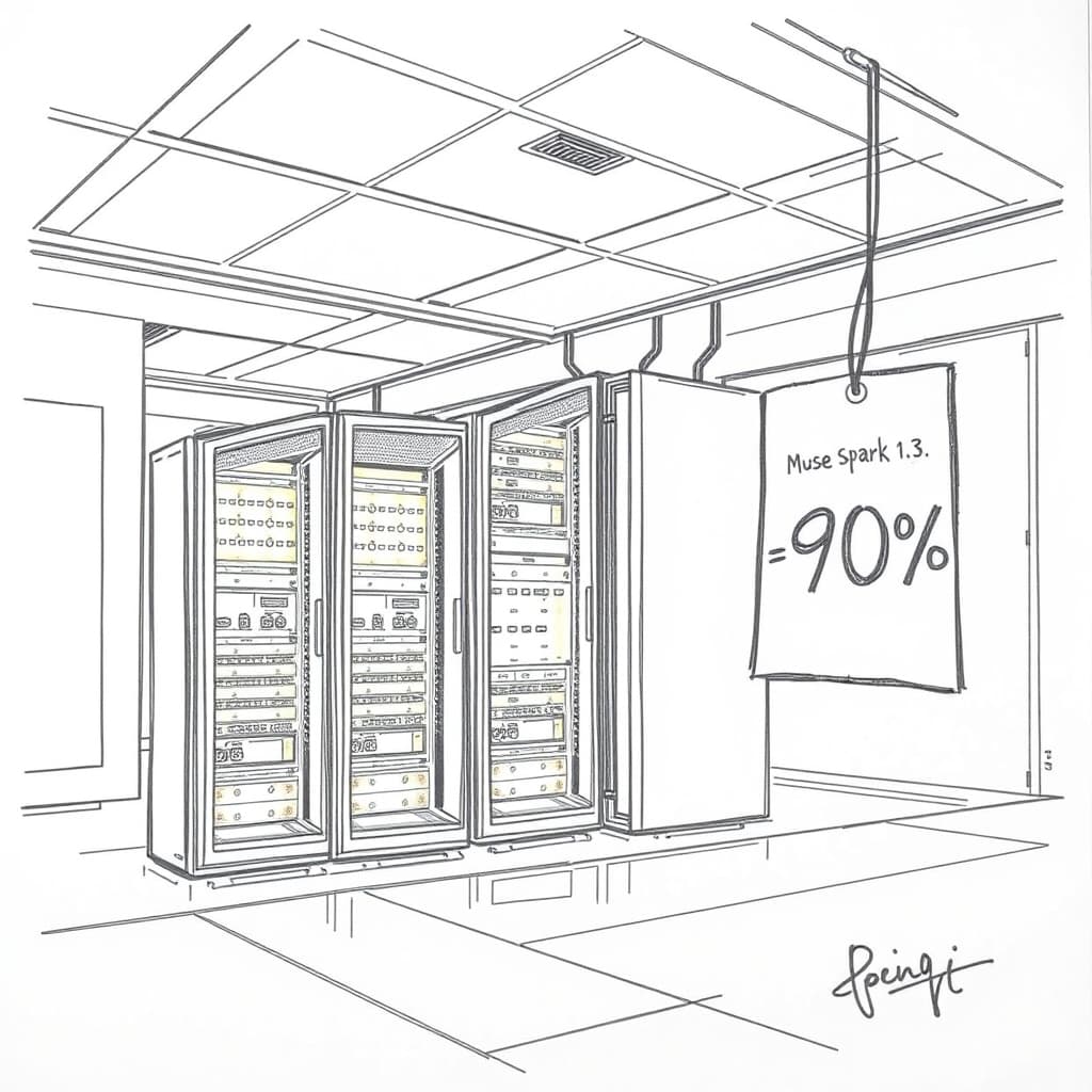 A pencil sketch of a sleek, futuristic laboratory with glowing server racks labeled “Muse Spark 1.3” and a large price tag showing “‑90%” hanging beside them, no people, no text, no logos.