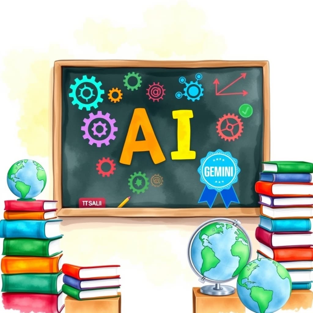 A watercolor illustration of a classroom chalkboard filled with colorful AI icons—gear symbols, a stylized Gemini logo, and a badge ribbon—surrounded by stacks of books and a globe, symbolizing the blend of traditional teaching and new AI tools. No text, no logos.