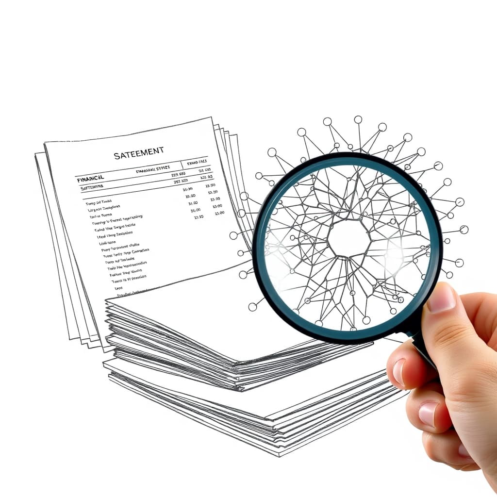 A pencil sketch of a stack of financial statements beside an abstract representation of a neural network, with a legal professional’s hand holding a magnifying glass over the papers, no text, no logos.