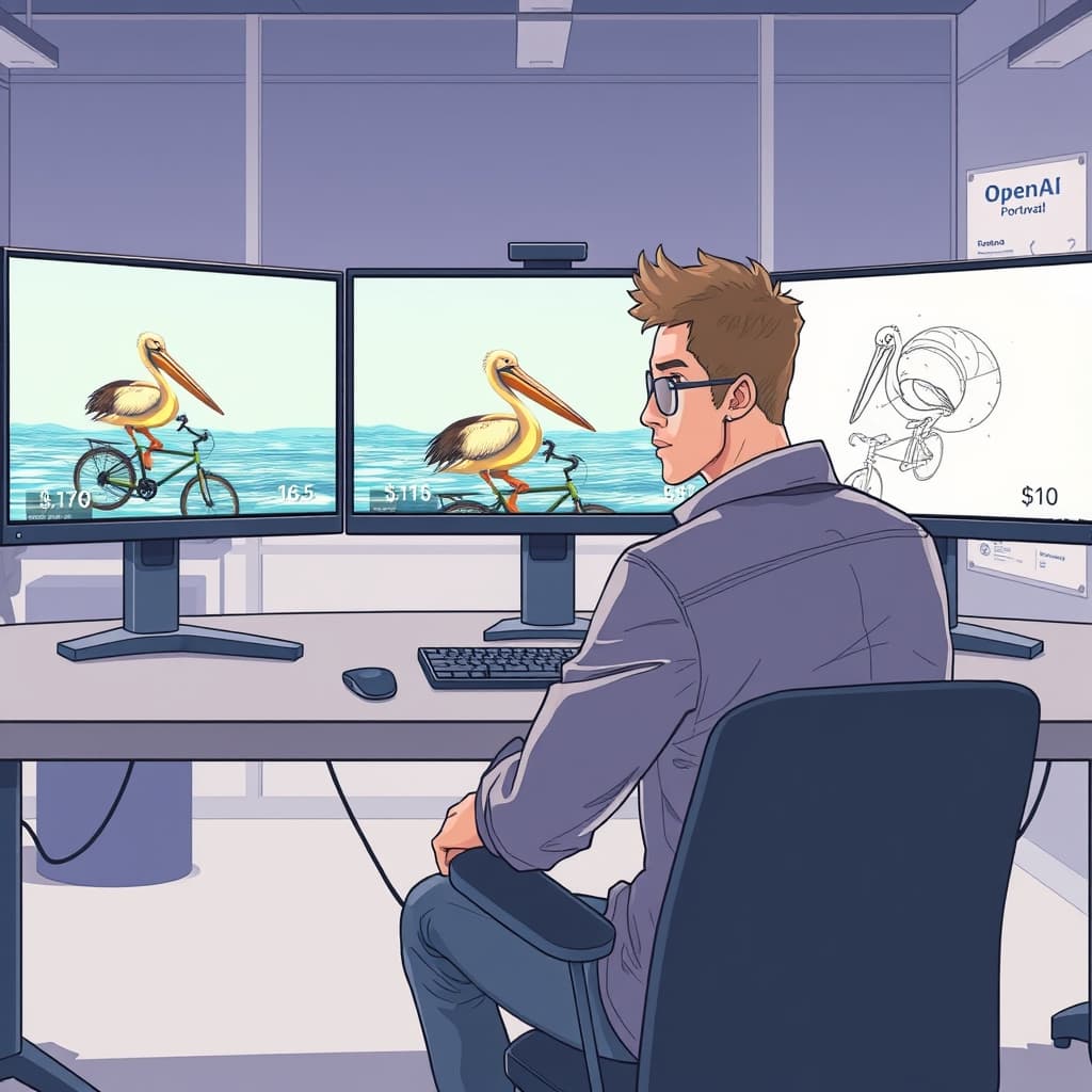 Create an original premium technology-news editorial illustration featuring a dominant digital artist workstation where a developer sits before three large screens; the central screen displays a vivid SVG of a pelican riding a bicycle rendered by GPT‑6 Astra, while the adjacent screens show a less detailed version from GPT‑5.6 Sol and an abstract sketch from GPT‑5.6 Luna. The developer’s expression conveys focused evaluation, and subtle UI elements display token counts (16 vs 26) and pricing tags ($9.55 vs $10). The background hints at a modern office with subtle branding of OpenAI and Portnox on a distant wall poster, presented in a clean, realistic tech illustration style with cinematic composition.