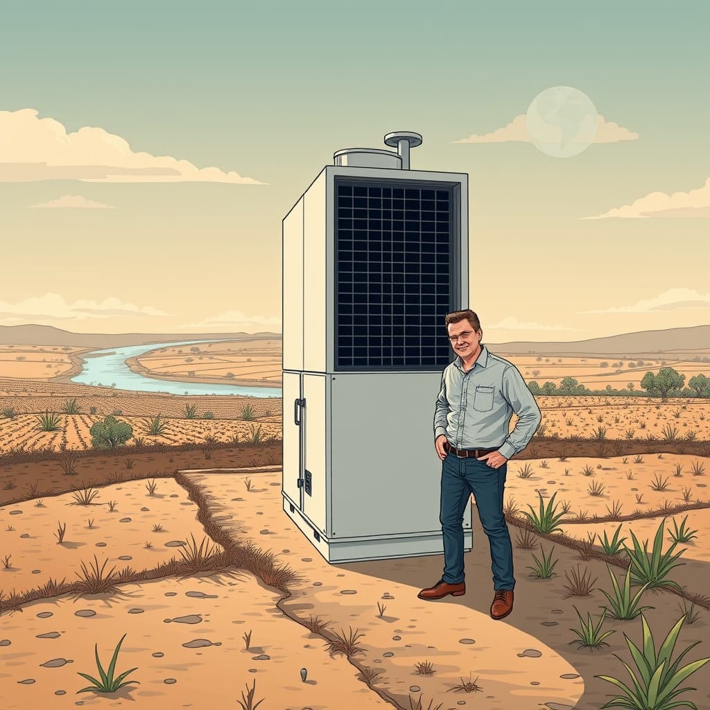 Create an original premium technology-news editorial illustration featuring Dr Francois du Plessis standing beside a modern closed‑loop data‑centre cooling unit, with a backdrop of the Vaal River and surrounding farmland; the scene shows a contrast between the sleek, water‑efficient facility and the arid fields, highlighting a subtle heat‑ripple effect over the crops; include a faint silhouette of a cloud‑connected globe to suggest global AI compute; employ a clean, professional technology‑publication style with muted earth tones and crisp line work; emphasize the data‑centre as the dominant element while keeping the farmer and river secondary; avoid overt logos or text overlays; cinematic composition.