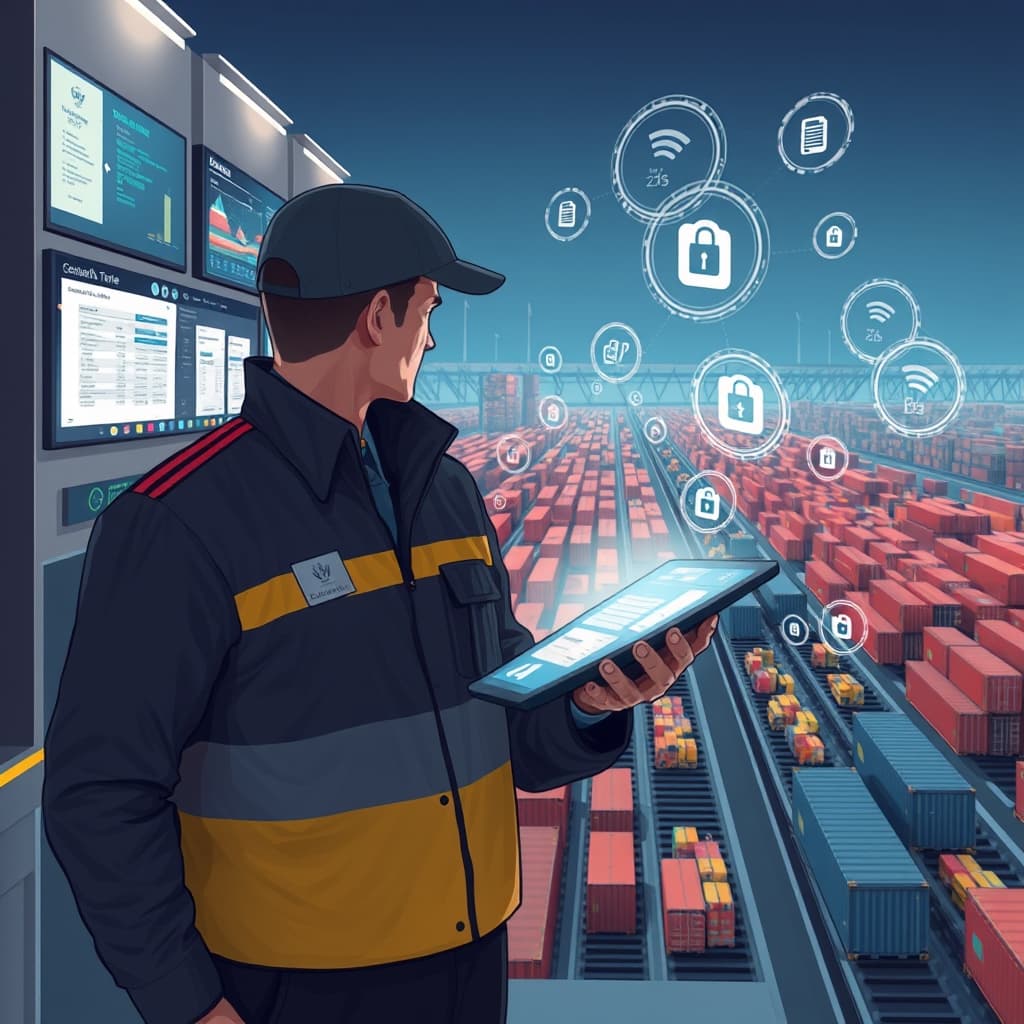 Create an original premium technology-news editorial illustration featuring a customs officer at a modern border checkpoint, dominant in the foreground, using a holographic tablet that displays a unified shipment profile merging invoices, packing lists, and AI‑generated risk scores; behind the officer, multiple digital screens converge into a single data stream, symbolizing the elimination of fragmented legacy systems; a cargo container yard stretches into the background, with countless small parcels moving along conveyor belts, highlighting high shipment volume; the scene conveys the AI platform’s ability to interpret both structured and unstructured documents, with subtle visual cues of large language model icons floating near the tablet; the illustration maintains a sleek, professional editorial style with muted blues and grays, minimal branding, and no overt product logos; cinematic composition.