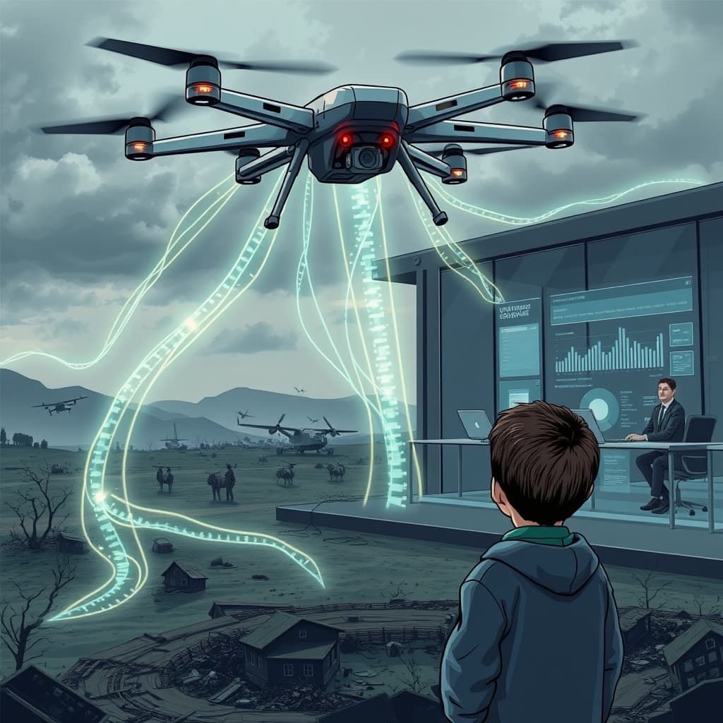 Create an original premium technology-news editorial illustration featuring a dominant Ukrainian combat drone hovering over a war‑torn landscape, digital data streams flowing from its sensors like glowing ribbons into a sleek corporate office where analysts in suits examine holographic charts; in the foreground, a young boy listens to an AI speaker emitting unfamiliar symbols, hinting at language change; the scene conveys the convergence of warfare data commerce and AI‑driven linguistic transformation, rendered in a realistic yet stylized tech‑publication aesthetic with muted color tones, minimal branding, and cinematic composition.