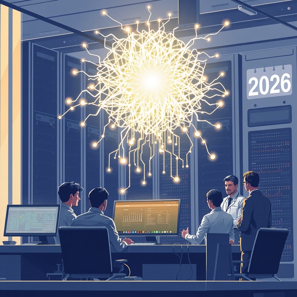 Create an original premium technology-news editorial illustration featuring a dominant, futuristic AI core represented as a luminous, intricate neural lattice hovering above a sleek workstation. The core emits faint, branching light patterns that connect to a diverse group of professionals—engineers, a security analyst, and a policy advisor—who are gathered around the workstation, looking thoughtfully at the glowing structure. In the background, towering server racks suggest massive compute power, while a subtle calendar page flips to 2026, emphasizing the present moment. The scene conveys both the immense capability of the AI and the careful, contemplative stance of the human experts. Use a clean, high‑contrast visual style typical of elite technology publications, with a balanced composition that places the AI core in the foreground and the human team slightly behind, indicating partnership. Avoid generic AI symbols, exaggerated text, or overt branding; focus on the concrete interaction between the AI system and its human overseers. cinematic composition.