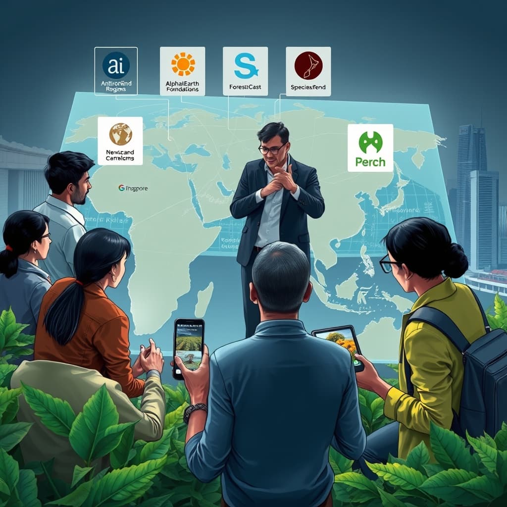 Create an original premium technology-news editorial illustration featuring a diverse group of innovators—startup founders, nonprofit leaders, and researchers—gathered around a large interactive holographic map of the Asia‑Pacific region. The central figure is a Google DeepMind representative guiding the group as AI model icons (AnthroKrishi, ForestCast, AlphaEarth Foundations, SpeciesNet, Perch) float above the map, highlighting data streams for biodiversity, crops, and carbon sinks. In the foreground, a farmer in a Thai field holds a smartphone displaying real‑time pest alerts, while a New Zealand conservationist watches AI‑powered wildlife cameras on a tablet. The background shows a Singapore skyline with a subtle Google logo on a building, indicating the bootcamp location. The visual style is sleek, realistic, and suitable for a technology editorial, with a balanced composition that places the mentorship scene at the center and the regional applications secondary. Cinematic composition.