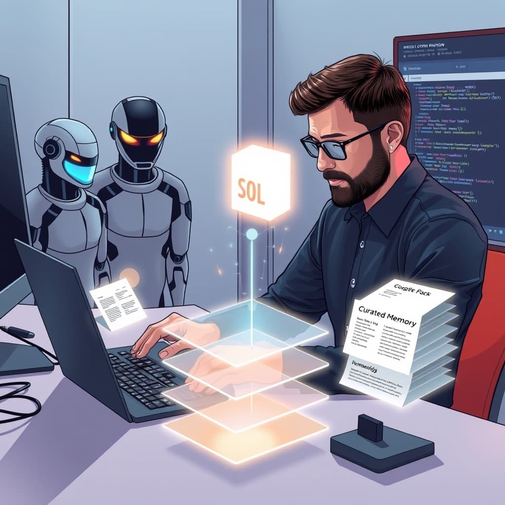 Create an original premium technology-news editorial illustration featuring Timothy Gordon at a desk surrounded by four distinct AI coding agents—Claude Code, Cursor, Windsurf, and Google Antigravity—represented as sleek holographic interfaces. Gordon is typing on a laptop while a glowing SQLite database icon hovers above the keyboard, symbolizing the shared local memory layer. The scene shows a transparent budget‑capped memory pack visualized as stacked cards labeled “Curated Memory” and “Transcript Log,” with keywords and embeddings radiating outward. In the background, a Model Context Protocol server console displays minimal code snippets, indicating cross‑agent integration. The composition emphasizes the user‑owned nature of the memory, with no external cloud symbols, and uses a clean, modern editorial style suitable for a technology publication. cinematic composition.