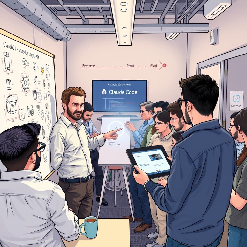 Create an original premium technology-news editorial illustration featuring a compact, modern office space where a diverse group of about twenty engineers gathers around a central whiteboard filled with sketchy AI circuit diagrams and prototype UI mockups. In the foreground, a confident Ben Mann points to a glowing holographic representation of Claude Code—a stylized code editor with AI‑generated snippets—while a younger engineer, resembling Boris Cherny, hands over a tablet displaying the Claude Code preview. Behind them, a wall screen shows a timeline of rapid two‑week sprint cycles with “Persevere” and “Pivot” icons. The setting conveys a fast‑paced incubator atmosphere, with subtle branding of Anthropic’s logo on a coffee mug and a subtle “Labs” sign on the door. Render in a clean, crisp technology‑publication style with realistic lighting and depth, focusing on the collaborative energy of the team. cinematic composition.