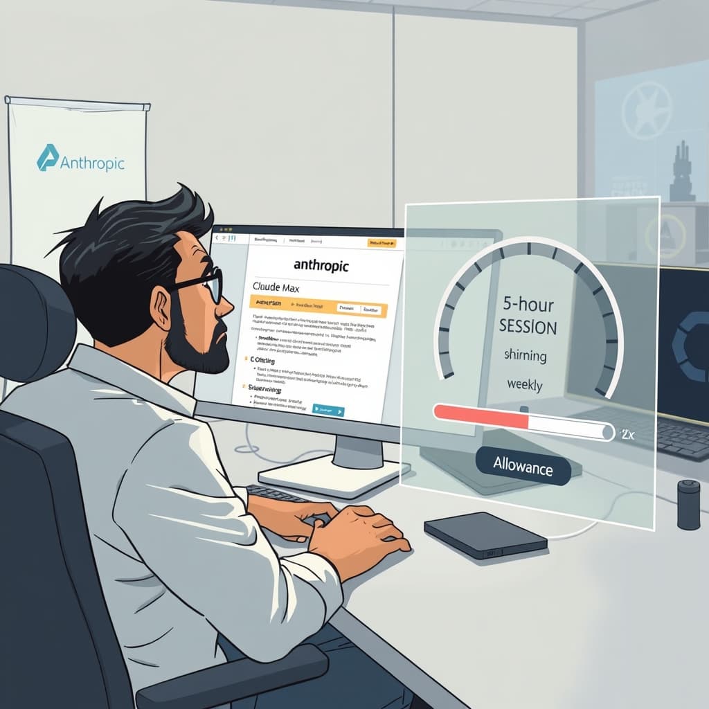 Create an original premium technology-news editorial illustration featuring a frustrated professional seated at a sleek workstation, staring at a computer screen displaying Anthropic’s Claude Max subscription page with highlighted fine‑print. Beside the screen, a transparent overlay shows a broken gauge labeled “5‑hour session” and a shrinking weekly allowance bar, visually representing the hidden limits. In the background, a subtle Anthropic logo appears on a wall banner, while a faint silhouette of OpenAI’s logo is visible on a distant monitor, indicating competitive pressure. The scene conveys the user’s surprise and the complexity of uncovering the true terms. Use a clean, modern editorial style with muted corporate colors and realistic lighting. Emphasize the professional’s expression of confusion and the contrast between advertised “5x/20x” labels and the constrained usage meter. Cinematic composition.
