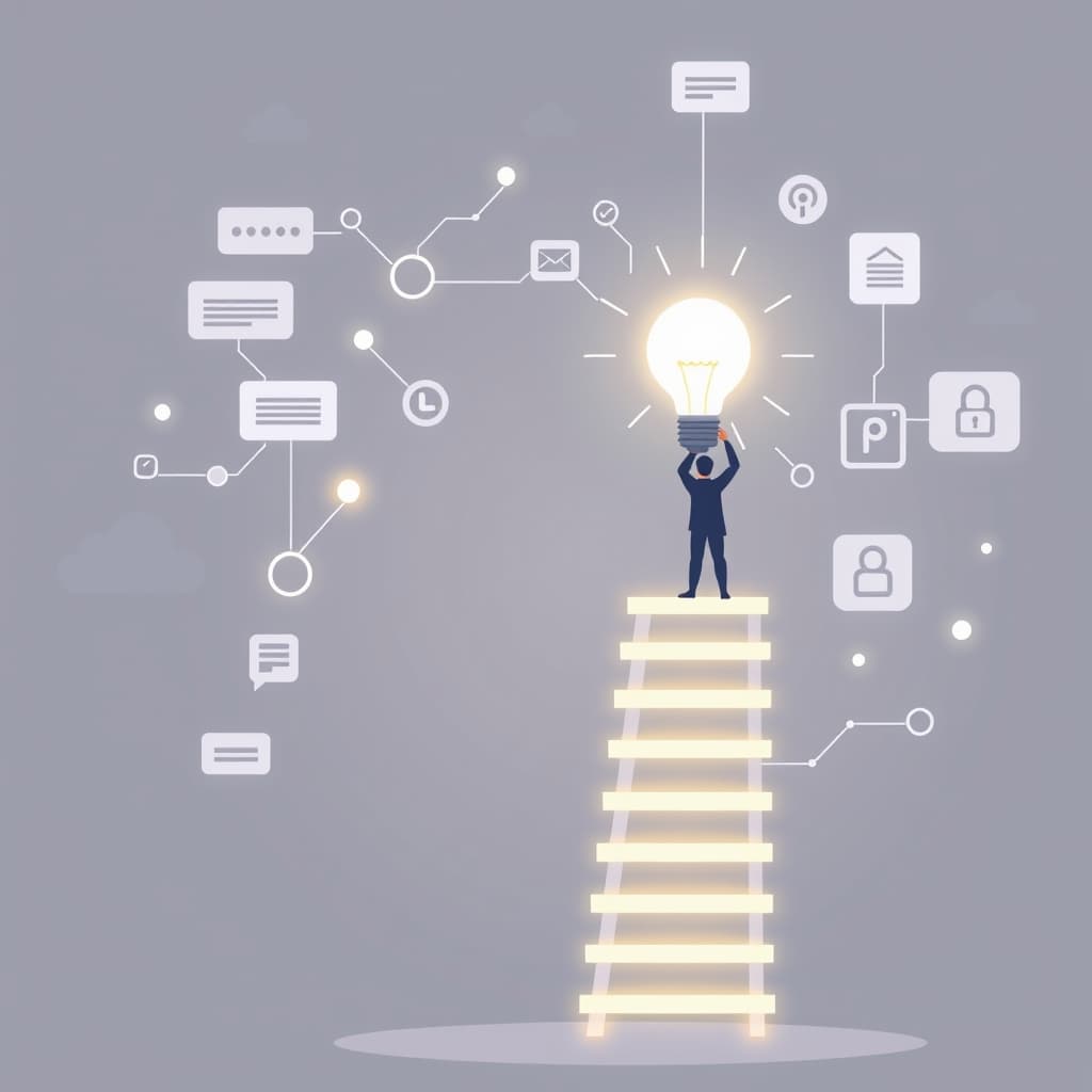vector flat illustration of a stylized career ladder made of glowing data nodes and AI circuitry, with a figure standing on a lower rung holding a bright lightbulb, surrounded by floating icons of chat bubbles, gears, and assistants, muted pastel palette, clean lines, no text, no logos, cinematic composition.