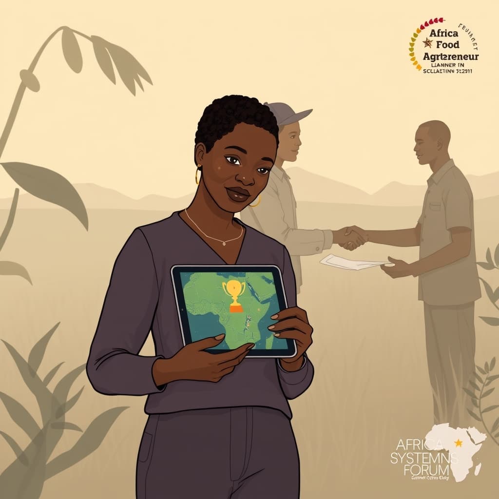 Create an original premium technology-news editorial illustration featuring Nabakka Sandra, founder of SANDI AI Technologies, standing beside a tablet that displays satellite imagery of a thriving smallholder farm, while a farmer hands a contract to a lender in the background; the central event is the awarding of the $50,000 GoGettaz Agripreneur Prize in Kigali, represented by a subtle trophy icon on the tablet screen; the visual narrative shows Sandra explaining AI‑derived productivity signals to the lender, emphasizing the shift from traditional collateral to data‑driven credit assessment; supporting context includes a faint outline of the Africa Food Systems Forum logo and a map of Uganda to locate the summit; the illustration should use a clean, modern editorial style with muted earth tones, placing Sandra and the tablet in the foreground and the farmer and lender secondary; avoid generic AI symbols such as robot heads or abstract neural‑network graphics; cinematic composition.