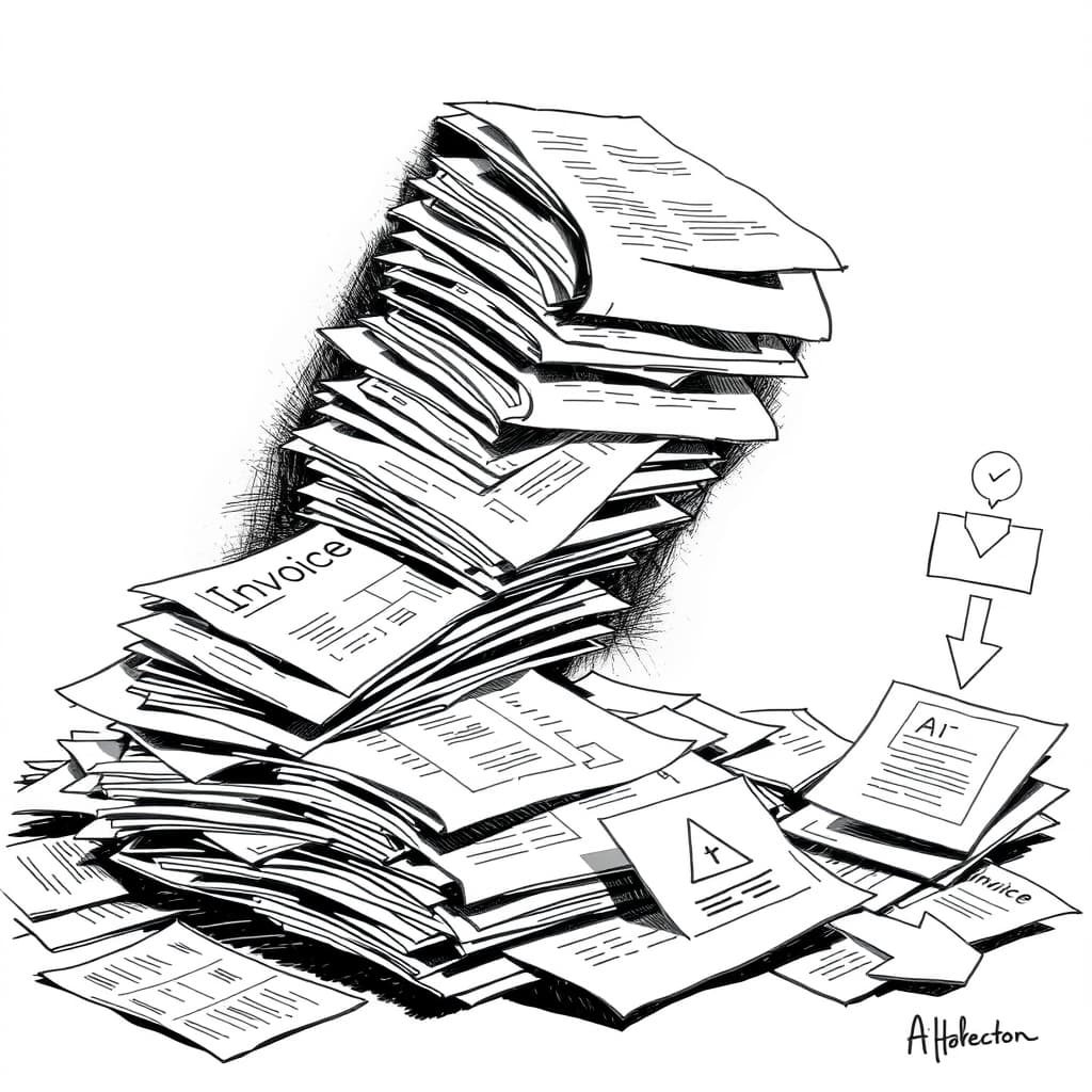 An editorial ink sketch of a chaotic stack of paper invoices and spreadsheets morphing into clean, glowing AI workflow diagrams, with arrows linking each step, rendered in high‑contrast black and white. No text, no logos, cinematic composition.