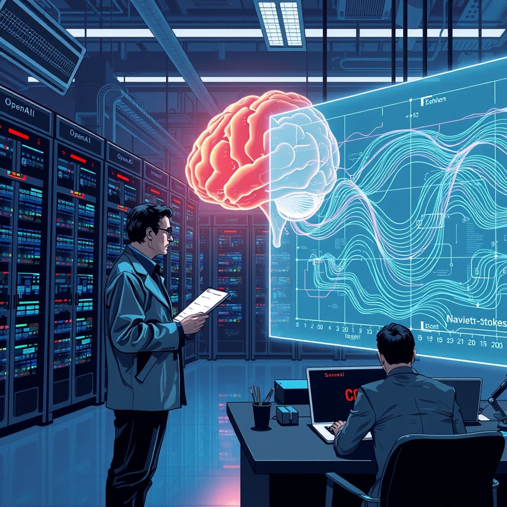 Create an original premium technology-news editorial illustration featuring a dominant OpenAI research lab with glowing servers and a massive digital brain, foregrounded by a mathematician in a classic chalk‑filled office holding a notebook, both observing a large holographic fluid‑flow diagram representing Navier‑Stokes; include a secondary figure representing Anthropic’s Levent Alpöge watching from a nearby desk, with subtle corporate branding on laptops; the scene conveys a high‑stakes race, with compute racks humming in the background, rendered in a sleek, realistic editorial style, cinematic composition.