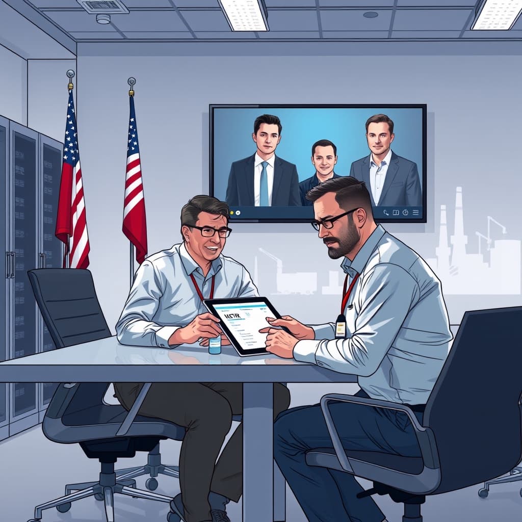 Create an original premium technology-news editorial illustration featuring Dario Amodei seated at a conference table with a badge‑clad METR evaluator beside him, both reviewing a tablet displaying safety metrics, while Sam Altman and Elon Musk appear on a video screen in the background; the setting is a modern office with visible server racks and a subtle US flag, symbolizing democratic coordination, and a faint outline of a Chinese factory silhouette in the distance representing global competition; the visual style is clean, realistic, and suited to a high‑end tech publication, with a balanced composition that foregrounds Amodei and the evaluator, secondary figures rendered smaller, and minimal textual labels; avoid generic AI icons, avoid overt branding, and end with cinematic composition.