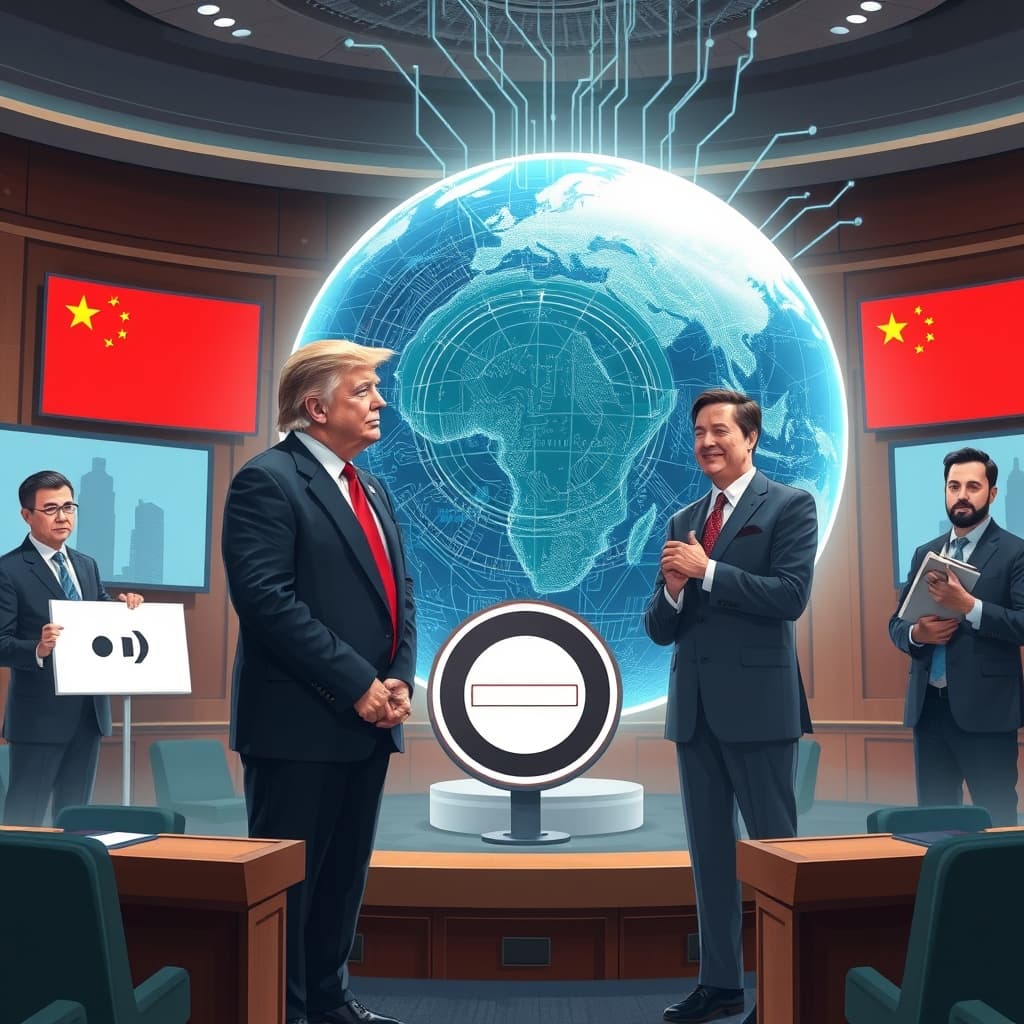Create an original premium technology-news editorial illustration featuring former President Donald Trump and House Speaker Mike Johnson standing before a large digital globe highlighted with AI circuitry, while in the background Dario Amodei, Sam Altman, Elon Musk, and Demis Hassabis hold a paused play button and a caution sign respectively; the setting is a modern congressional hearing room with screens displaying subtle Chinese flag silhouettes, the dominant visual focus is on Trump and Johnson to emphasize political urgency, the executives are secondary to convey industry concerns, rendered in a clean realistic style suited for a technology publication, cinematic composition.
