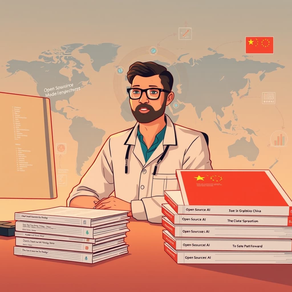 Create an original premium technology-news editorial illustration featuring a central figure of a researcher at a modern workstation surrounded by open‑source code snippets and model diagrams, symbolizing the open‑model ecosystem; in the background, a world map highlights the United States and China with subtle data flow arrows indicating model adoption; a stack of printed reports titled with key paper names (e.g., “From Open Source Software to Open Source Strategy,” “Open Source AI is the Path Forward”) rests on the desk; the visual style is clean, high‑contrast, and magazine‑ready with a professional tech‑journal aesthetic; composition places the researcher dominant in the foreground, supporting elements secondary; include restrained labeling of “Interconnects” only where it aids recognition; cinematic composition.