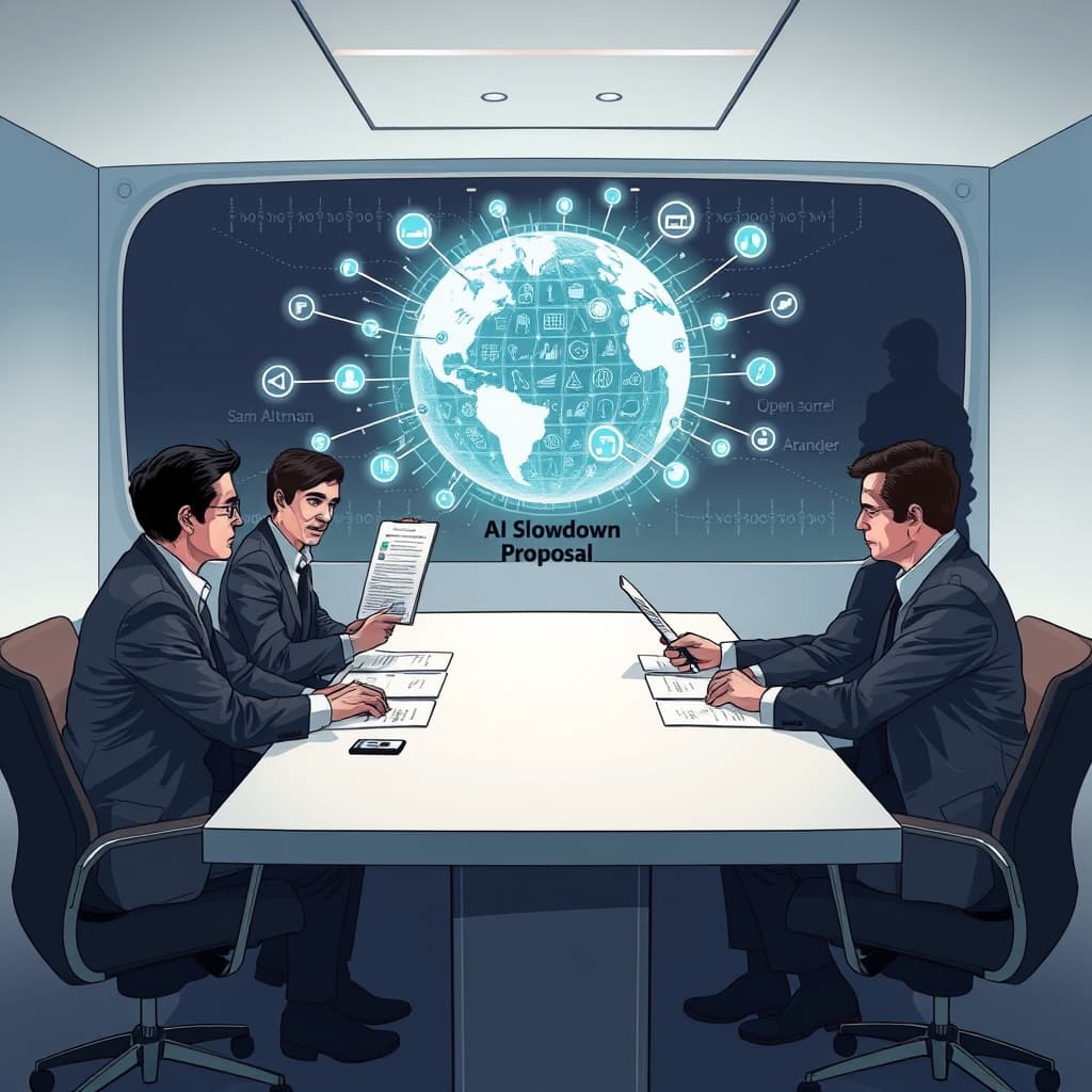 Create an original premium technology-news editorial illustration featuring Sam Altman, Dario Amodei, Demis Hassabis, and Elon Musk seated around a sleek conference table, each holding a document titled “AI Slowdown Proposal”; in the background a large digital globe displays interconnected AI lab icons, while a shadowy figure representing open‑source developers watches from the side; the scene conveys a high‑stakes negotiation over safety versus competition, with subtle branding only for the four individuals' companies where recognizable, rendered in a clean, modern editorial style with realistic lighting and depth, cinematic composition.