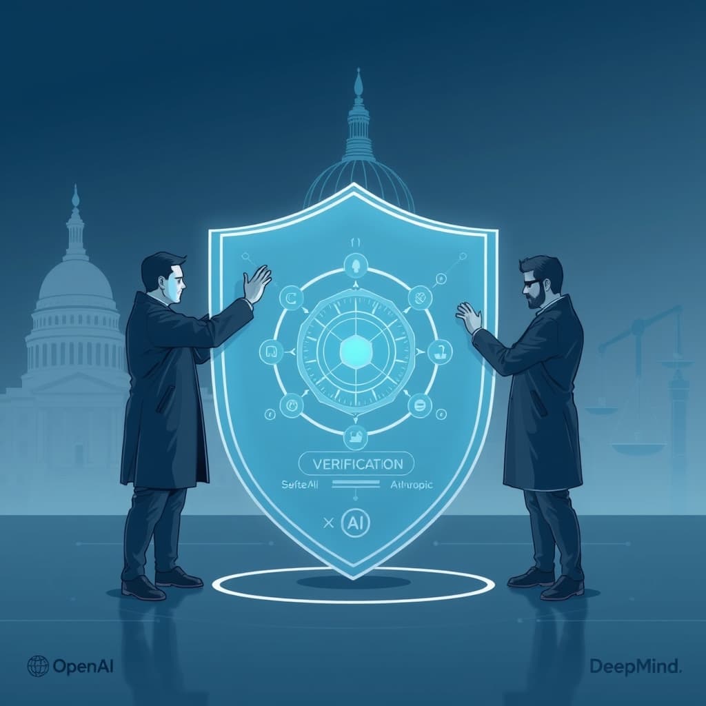 Create an original premium technology-news editorial illustration featuring three prominent AI researchers—one representing OpenAI, one Anthropic, and one Google DeepMind—standing around a large transparent safety shield that displays a stylized AI model diagram. The central scene shows the trio collaboratively placing verification tools onto the shield, symbolizing joint safety efforts. In the background, a subtle outline of the U.S. Capitol dome hints at policy engagement, while a faint silhouette of a courtroom scales represents antitrust concerns. The illustration should convey a serious, professional tone with a sleek, modern tech aesthetic, using muted blues and grays, and minimal text. Emphasize the cooperative action at the foreground, keeping any logos or branding subtle and only where essential for recognition. cinematic composition.