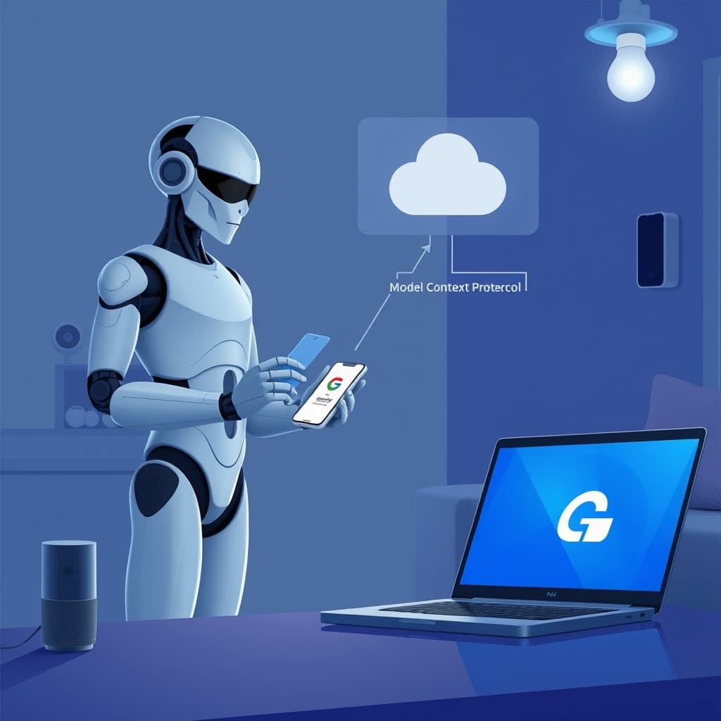 Create an original premium technology-news editorial illustration featuring a confident AI avatar (representing an AI agent) standing beside a modern living room setup; the avatar is handing a digital key to a homeowner who holds a smartphone displaying the Google Home app; visible in the background are a Google Nest thermostat, a Nest doorbell, and a smart light bulb, all subtly illuminated to indicate connectivity; a floating schematic of the Model Context Protocol diagram links the avatar to the devices, emphasizing secure data flow; the scene conveys the homeowner configuring a Google Cloud project on a laptop, while the AI avatar assists; the visual style is sleek, semi‑realistic with a cool‑blue palette typical of tech editorial graphics; composition centers on the interaction between the avatar and homeowner, with devices as secondary elements; include a discreet Google logo on the laptop screen to identify the platform without dominating the image; cinematic composition.