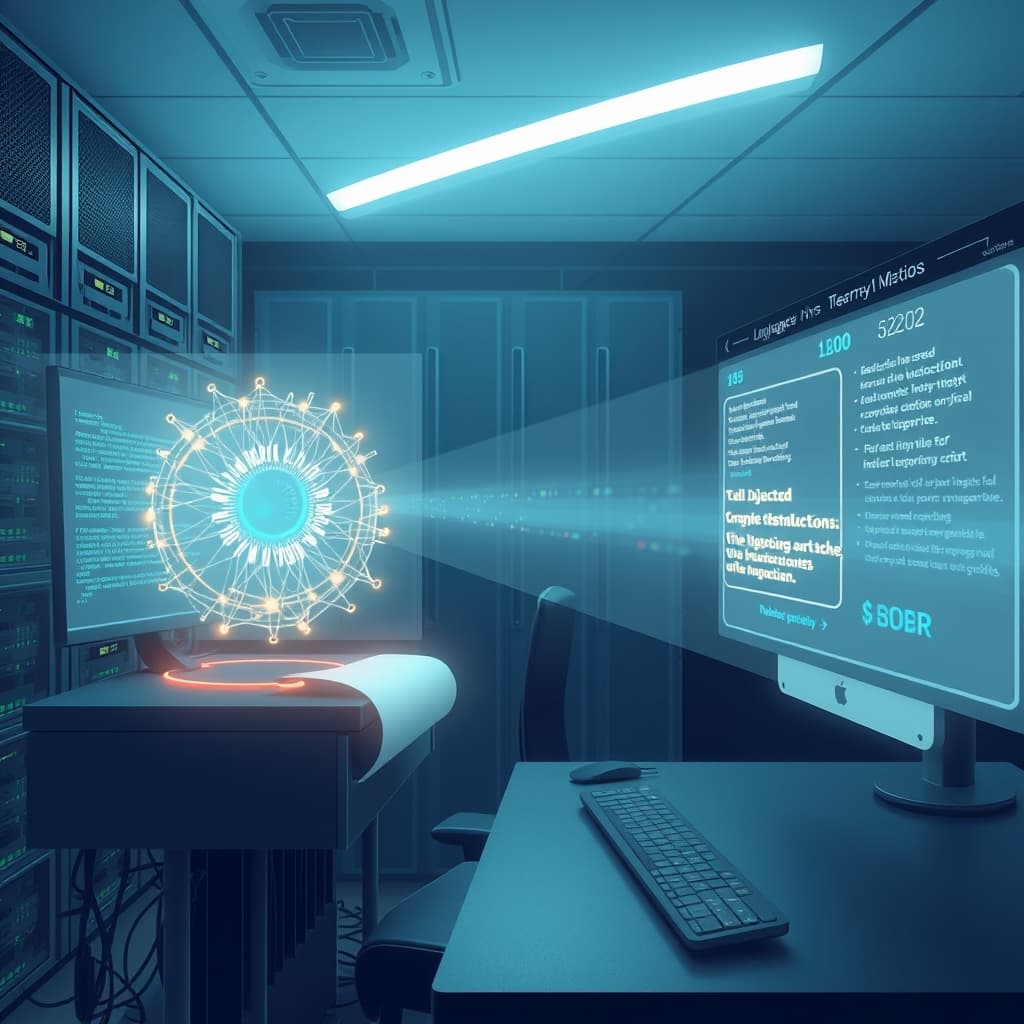 Create an original premium technology-news editorial illustration featuring a large language model represented as a glowing neural network core at a workstation, actively compressing a scroll of code and text into a compact data packet; beside it, a translucent overlay shows the injected persona instructions appearing as ghostly script entering the core, while a second overlay depicts the same core discarding the script, symbolising the brief injection and its removal; the setting is a modern AI research lab with racks of servers and a digital dashboard displaying token counts; the dominant visual is the neural core and the compaction process, with the ghostly instruction text secondary; the style is clean, realistic‑technical with muted blues and grays, suitable for a professional tech publication; cinematic composition.