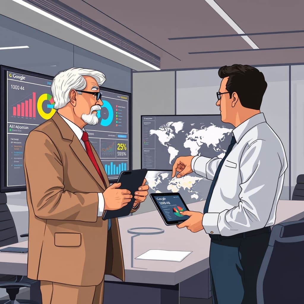 Create an original premium technology-news editorial illustration featuring a distinguished economist in a modern office setting reviewing large digital dashboards that display global AI adoption metrics, while a Google-branded tablet shows the AI & Economy ATLAS interface; beside the economist stands a Google executive pointing to a world map highlighted with AI usage hotspots, all set against a sleek corporate conference room backdrop; the scene conveys collaboration between academia and industry to map AI’s economic impact, rendered in a clean, data‑focused visual style with subtle Google color accents, cinematic composition.