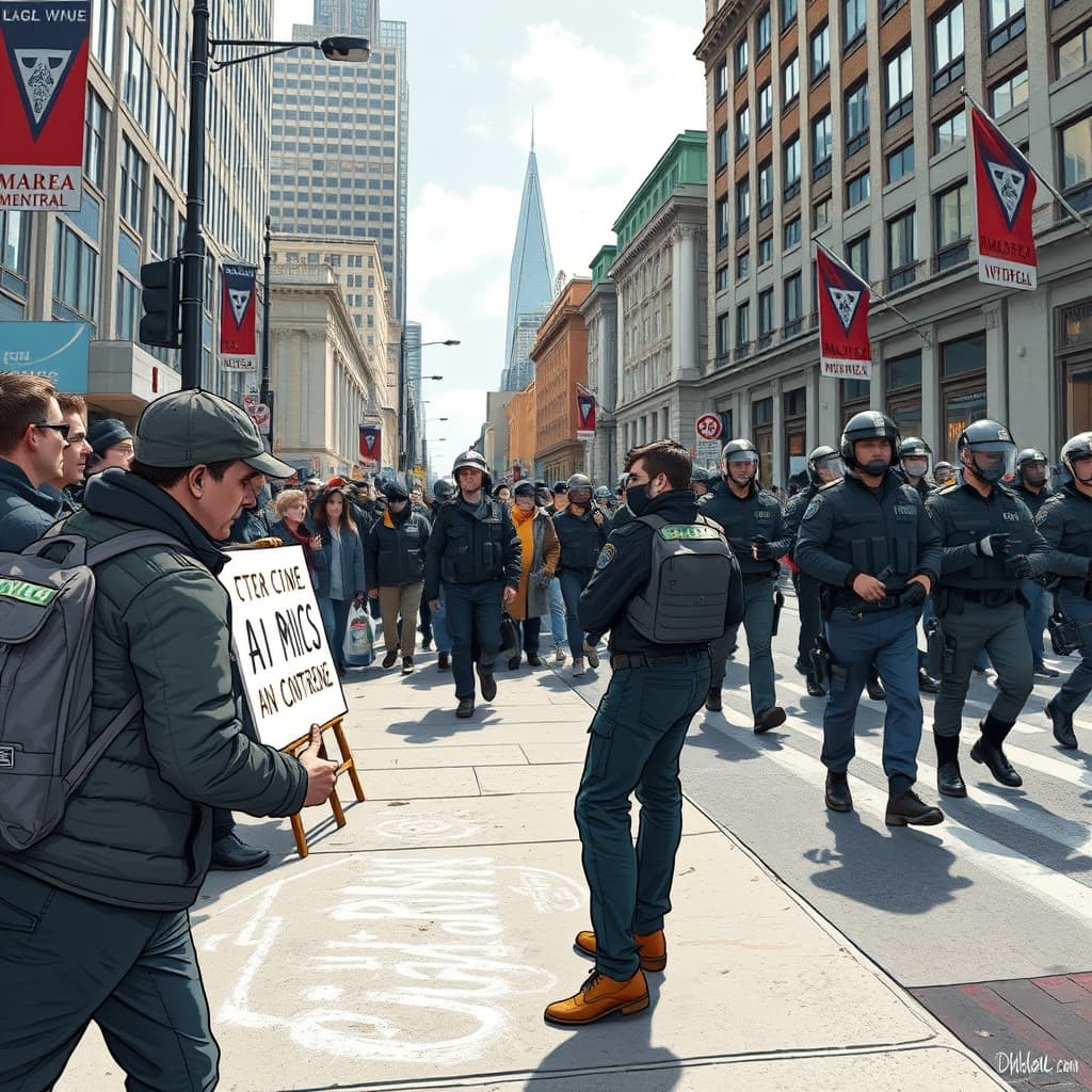 Create an original premium technology-news editorial illustration featuring protester Jorick Ysaak Malletter prominently chalking a warning on a Montreal sidewalk as a crowd of AI industry professionals and Minister Evan Solomon walk past, with riot police forming a barrier on René‑Lévesque Boulevard; the scene captures the contrast between the bustling AI conference and the determined protest, set against the recognizable Montreal cityscape; style realistic editorial, composition dominated by the chalk‑writing protester, police secondary, city background supportive; avoid generic AI symbols such as robot heads; cinematic composition.