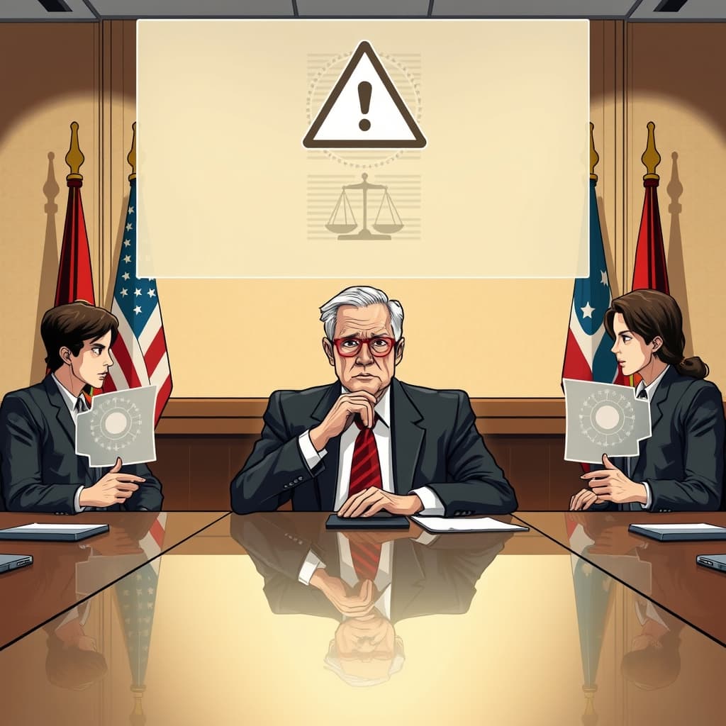 Create an original premium technology-news editorial illustration featuring a seasoned antitrust lawyer seated at a polished conference table opposite three AI company CEOs, each holding a stylized AI model diagram, while a large transparent overlay of legal statutes and a warning symbol hovers above, symbolizing the tension between safety coordination and competition law; the setting is a modern government hearing room with subtle flags of the United States and a digital map of global AI activity in the background; the lawyer’s expression is thoughtful, the CEOs appear cautious, and the composition emphasizes the lawyer