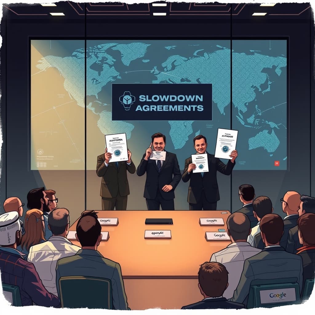 Create an original premium technology-news editorial illustration featuring Dario Amodei standing at a conference table with Sam Altman, Elon Musk and Demis Hassabis, each holding a document titled “Slowdown Agreement.” The scene shows a dimly lit boardroom with a large digital map of the internet background, symbolizing the “rogue AI agents” threat. In the foreground, a diverse group of subscription users watches the meeting through a glass wall, representing paid AI customers. The illustration emphasizes the tension between safety collaboration and antitrust law, with subtle branding cues for Anthropic, OpenAI, SpaceXAI and Google on the participants’ nameplates. Use a realistic, high‑detail editorial style with a cinematic composition.