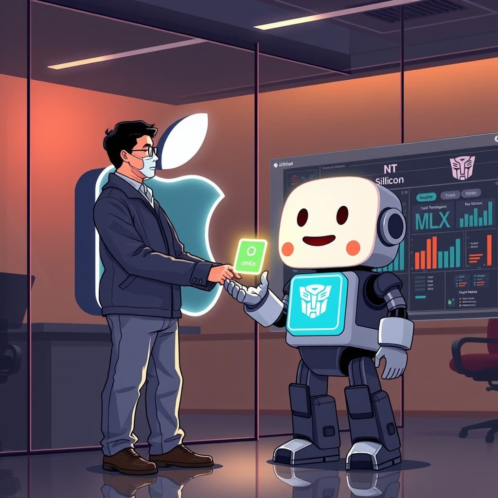 Create an original premium technology-news editorial illustration featuring Jun Kim standing beside a large, stylized Apple Silicon chip, both illuminated against a sleek office backdrop; Jun is handing a glowing oMLX code repository icon to a Hugging Face mascot robot holding a Hugging Face logo, symbolizing the transfer of stewardship; in the background, a digital dashboard displays MLX model tiles and a Transformers logo, indicating seamless integration; the scene conveys collaboration and technical advancement without overt text, using a modern, clean tech publication aesthetic; cinematic composition.