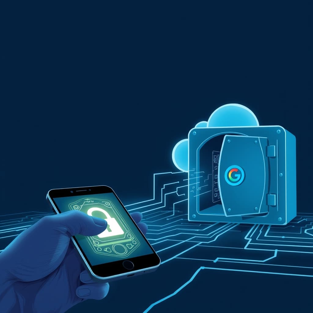 Create an original premium technology-news editorial illustration featuring a dominant user’s smartphone in the foreground, its screen displaying a lock icon that symbolizes device‑held cryptographic keys. From the phone, a glowing encrypted data tunnel extends to a stylized cloud server depicted as a fortified vault with a digital shield, representing the secure server‑side memory. Inside the cloud, a subtle silhouette of a secure enclave with circuitry conveys hardware‑enforced isolation. A faint Google DeepMind logo appears on the vault’s door for brand recognition, but does not dominate the scene. The composition emphasizes the flow of encrypted data from device to cloud and back, highlighting privacy‑preserving continuity. Use a sleek, realistic editorial style with muted tech‑blue tones and crisp lighting, cinematic composition.