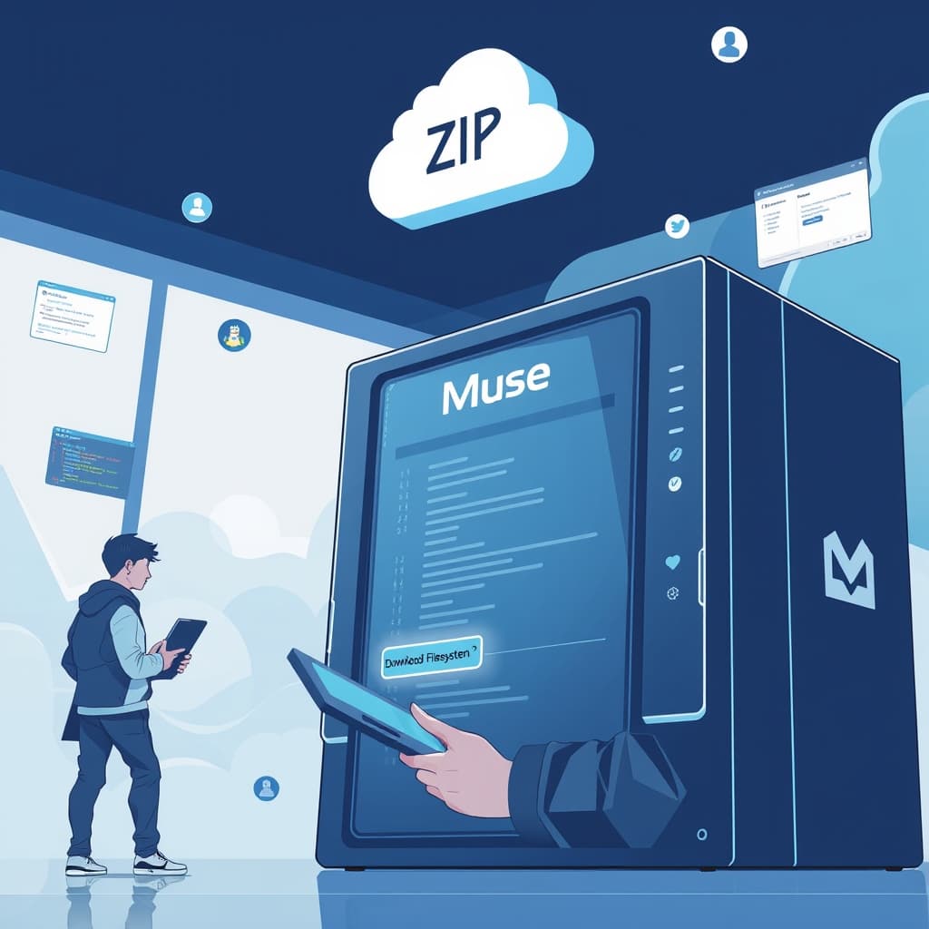 Create an original premium technology-news editorial illustration featuring a dominant figure of a sleek, futuristic cloud server console labeled “Muse” with a large downloadable zip icon hovering above it; a user in casual tech attire interacts via a tablet, tapping a “Download Filesystem” button; in the background, stylized code snippets and Linux terminal windows float, indicating a cloud‑based Linux environment; Meta’s subtle branding appears on the console’s side panel; the scene conveys deliberate openness and technical depth, rendered in a clean, professional editorial style with balanced composition, cinematic composition.