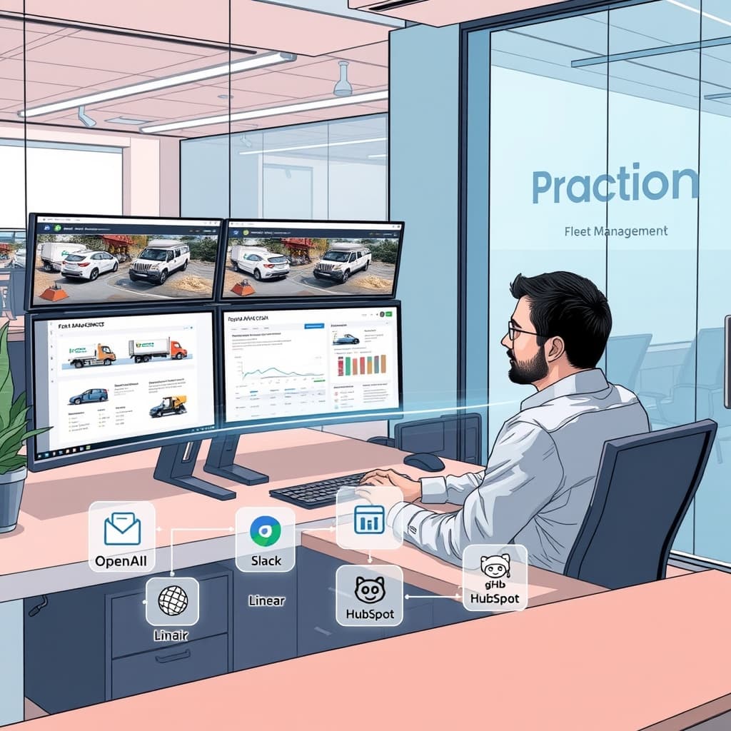 Create an original premium technology-news editorial illustration featuring Colin Knudsen, the COO of Proaction, seated at a modern desk with multiple screens displaying a live HTML fleet‑management demo populated with cars, trucks, and construction equipment labeled with a prospect’s branding; in the foreground, a holographic representation of OpenAI’s Codex model hovers, connecting the screens to a stylized workflow diagram that includes icons for Gmail, Slack, Linear, GitHub, and HubSpot; the setting is a sleek North‑American startup office with subtle branding for Proaction on a glass wall; the visual style is clean, data‑focused, and realistic, emphasizing the concrete interaction between a human user and AI‑assisted tools; cinematic composition.