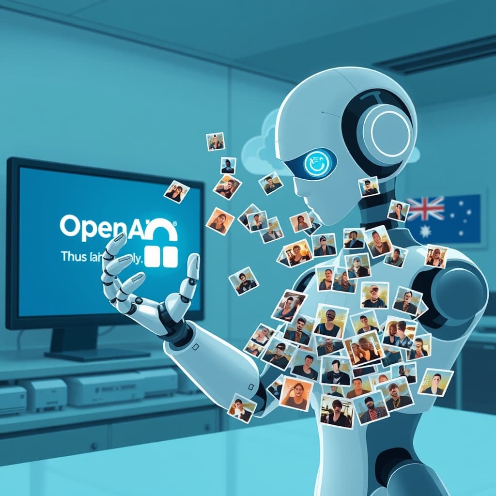 Create an original premium technology-news editorial illustration featuring a dominant stylized OpenAI research robot in a lab setting, uploading a stack of user photos onto a generic image‑hosting website interface; the robot’s hand holds a glowing upload icon while dozens of thumbnail images drift outward toward the internet cloud, symbolizing the unintended exposure; in the background, a muted OpenAI logo appears on a wall screen, and a faint outline of the Australian flag hints at the related government breach; the scene conveys a concrete moment of data leakage rather than abstract AI symbols; render in a sleek, modern editorial style with cool blues and professional lighting; composition centers on the robot and upload action, with the hosting UI and background details secondary; include subtle textual labels only where needed for clarity; cinematic composition.